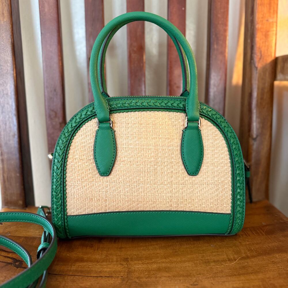 Kate Spade Reiley Raffia Straw & Green Leather Dome Satchel Crossbody - Picture 2 of 10